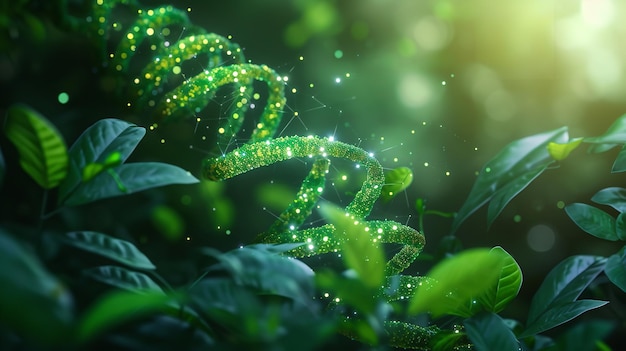 Nozione di biologia sintetica o biotecnologia verde che combina DNA con piante e spazio IA generativa