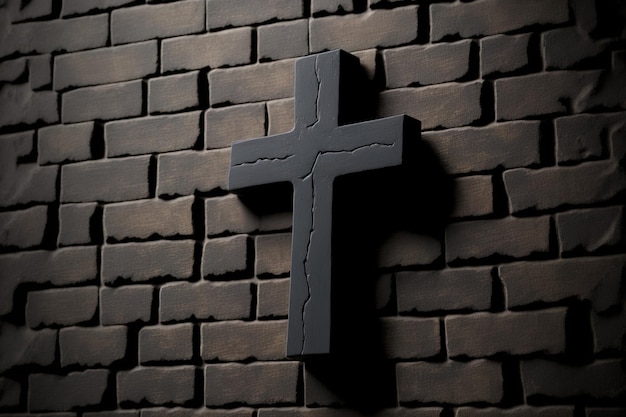 Nozione di religione croce di legno sul muro di mattoni intonacato nero fresco diverse croci