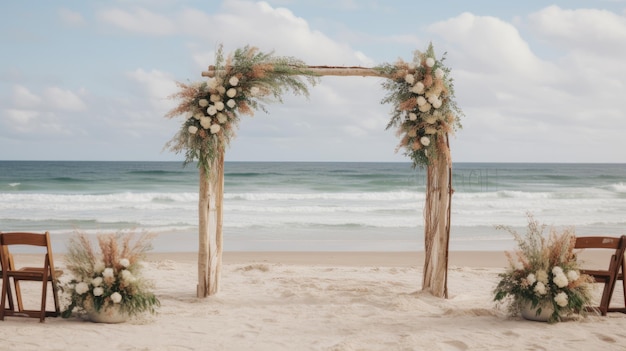 Nozze in spiaggia con un arco di legno