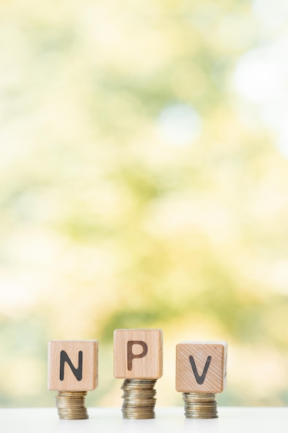 NPV parola scritta su cubi di legno pile di monete natura sfondo verde