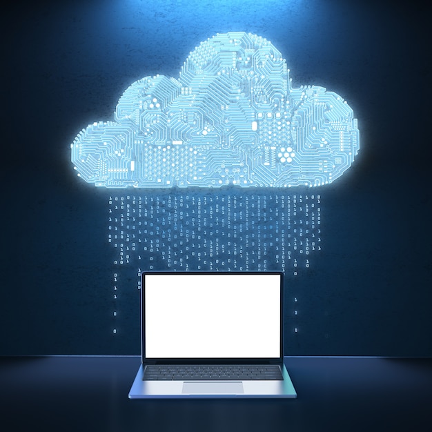Nube del circuito di rendering 3D con notebook a schermo vuoto