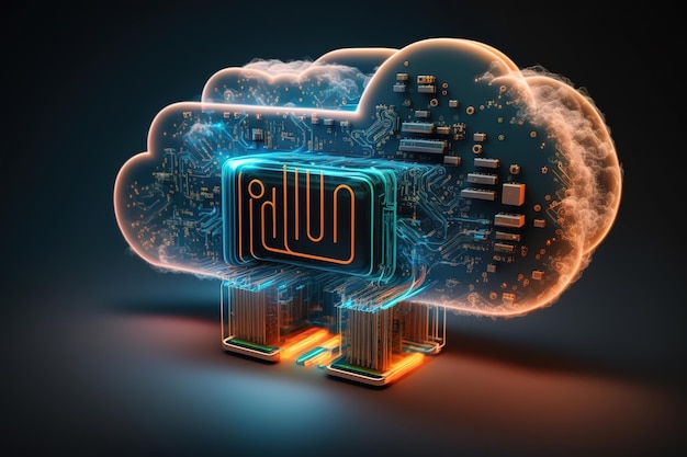 Nube di informazioni nella rete con circuiti elettrici 3d in studio su sfondo nero