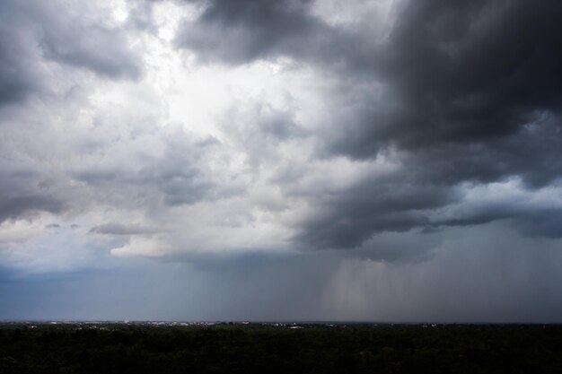 Nubi di tempesta scure sul prato con erba verde