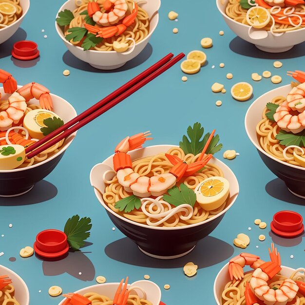 Nudle Ramen con gamberetti fritti e bastoncini da mangiare illustrazione di icona vettoriale di cartone animato oggetto alimentare isolato