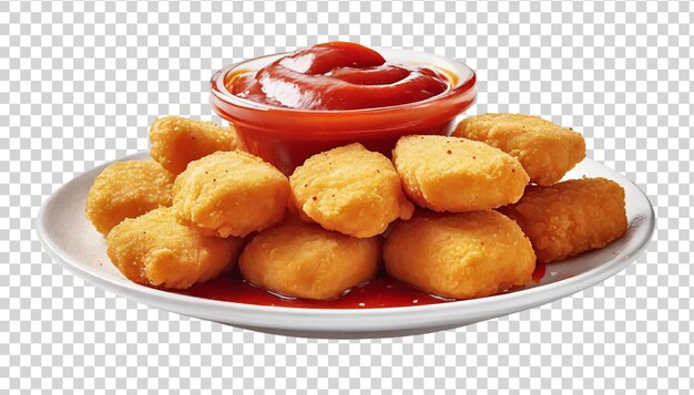 Nuggets di pollo con ketchup isolati su uno sfondo trasparente Fast food