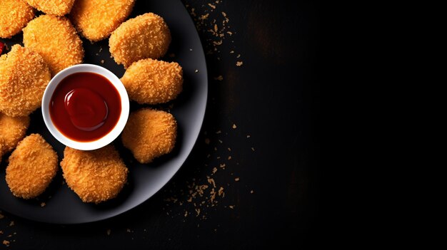 Nuggets di pollo con salsa di ketchup sulla vista superiore nera