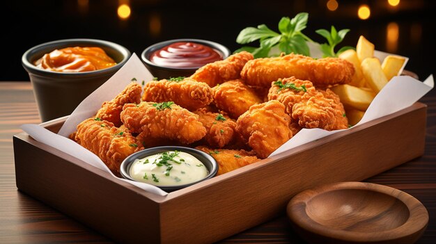 nuggets di pollo fritto con patatine fritte ketchup salsa maionese maionese e salse in scatola