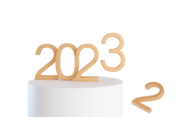 Numeri d'oro 2023 in piedi sul podio isolato su sfondo bianco Felice Anno Nuovo 2023 Festa Buon Natale Celebrazione del nuovo anno Elemento ritagliato per il rendering 3D della scheda evento