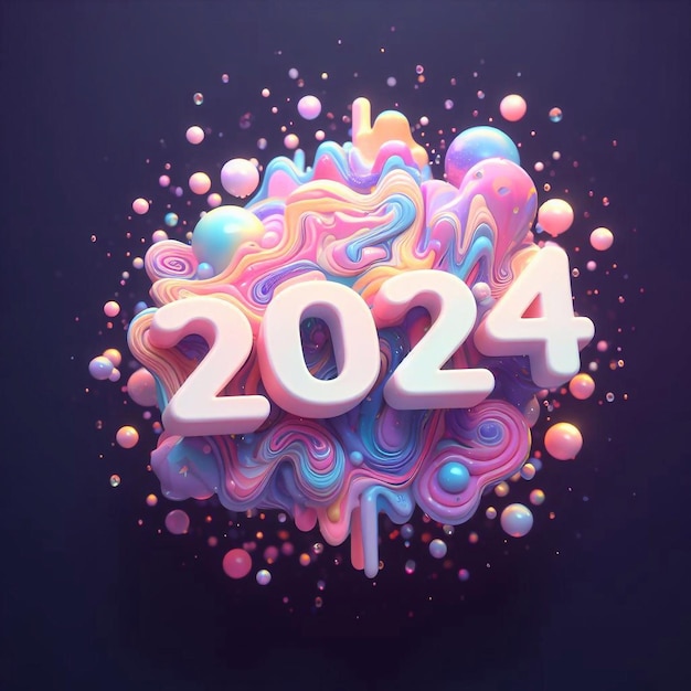 Numeri del Nuovo Anno 2024 su uno sfondo di luccioli liquidi pastello con luccioli e riflessi di luce