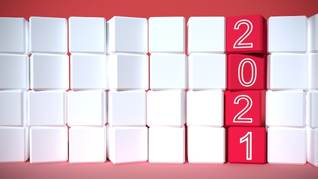Numeri di colore bianco 2021 su scatole quadrate rosse e bianche