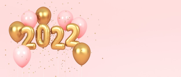 Numeri dorati di Capodanno 2022 e palloncini rosa con spazio per le copie. rendering 3d