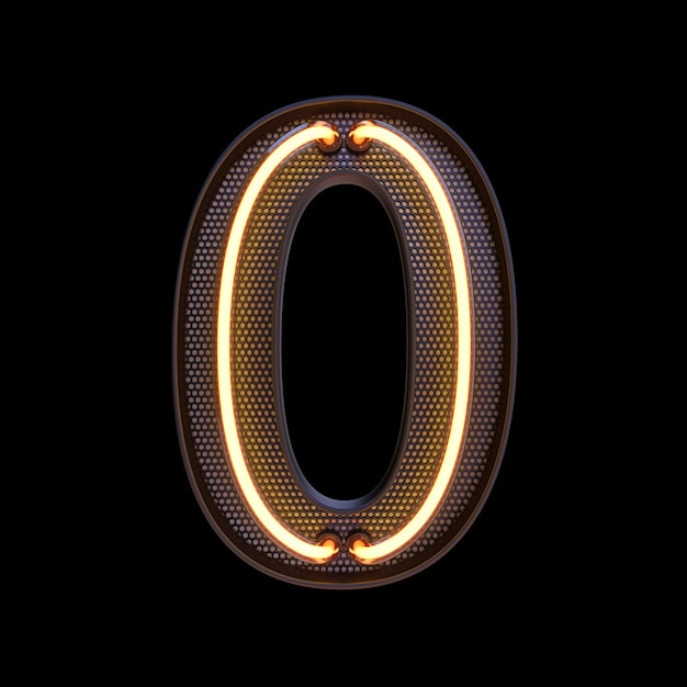 Numero 0, alfabeto. Neon 3d retrò numero isolato su uno sfondo nero con tracciato di ritaglio. illustrazione 3D.