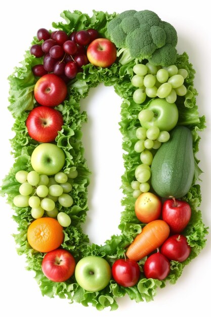 Numero 0 vibrante realizzato con frutta e verdura colorate su uno sfondo bianco pulito