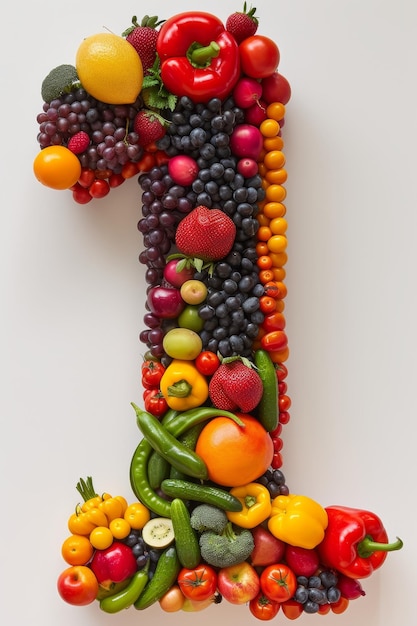 Numero 1 vibrante fatto di frutta e verdura colorate su uno sfondo bianco pulito