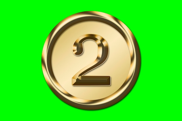 Numero 2 in oro in un cerchio dorato su sfondo verde Concetto di risorse grafiche
