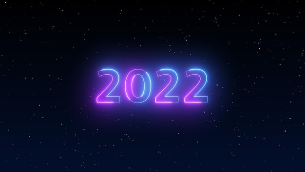 Numero 2022 luce al neon luminoso incandescente 2022 felice anno nuovo sfondo scuro del cielo notturno con decorazione con numero al neon su sfondo viola e blu illustrazione modello di biglietto di auguri per le vacanze invernali