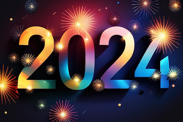Numero 2024 dai colori vivaci che riflette il nuovo anno su sfondo colorato Benvenuto