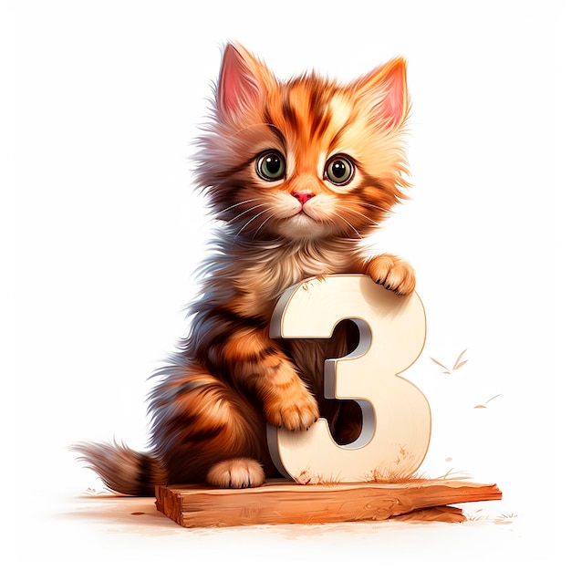 Numero 3 e un carino gattino peloso in primo piano su sfondo bianco di anniversario di biglietto di auguri