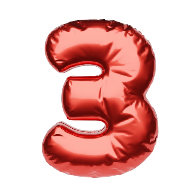 Numero 3 in palloncino gonfiabile rosso isolato su sfondo bianco illustrazione del rendering 3D
