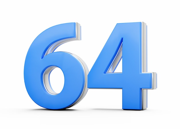 Numero 3D 64 64 fatto di corpo blu con contorno d'argento su sfondo bianco Illustrazione 3D