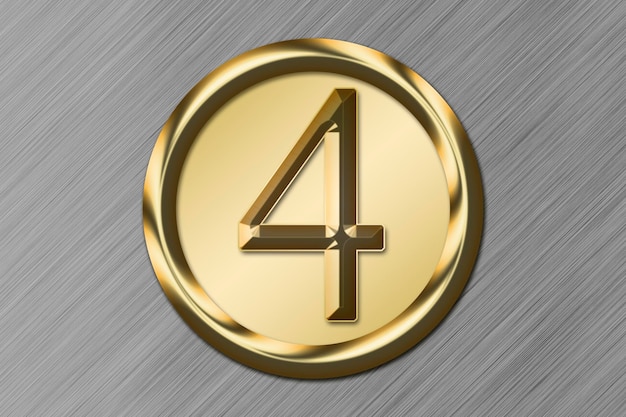 Numero 4 in oro in un cerchio dorato su sfondo metallico Concetto di risorsa grafica