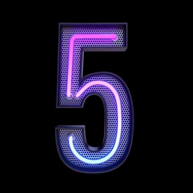 Numero 5, alfabeto. Neon 3d retrò numero isolato su uno sfondo nero con tracciato di ritaglio. illustrazione 3D.