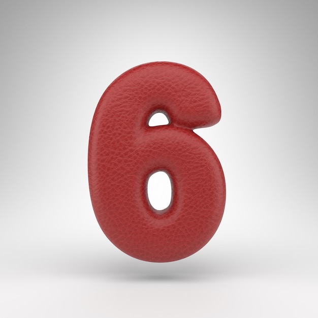 Numero 6 su sfondo bianco. Numero 3D in pelle rossa con struttura della pelle.