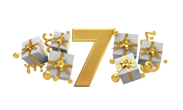 Numero 7 festa di compleanno in oro numero con scatole regalo Rendering 3D