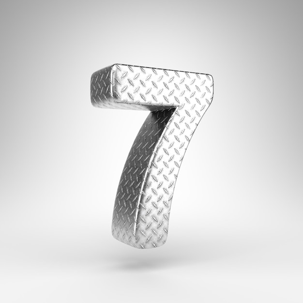 Numero 7 su sfondo bianco. Numero di rendering 3D in alluminio con trama a scacchiera.