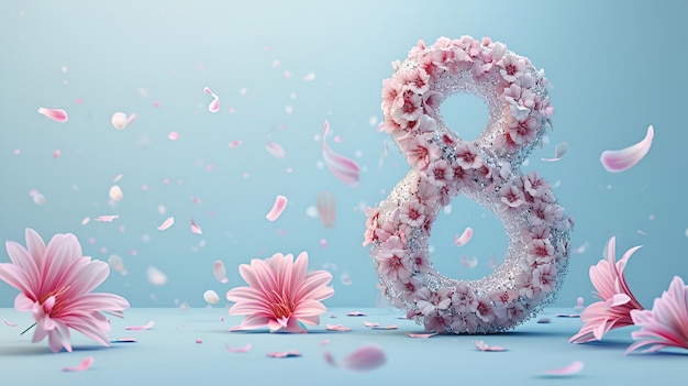 Numero 8 con fiori e petali rosa che cadono su uno sfondo blu Festa della donna 8 marzo