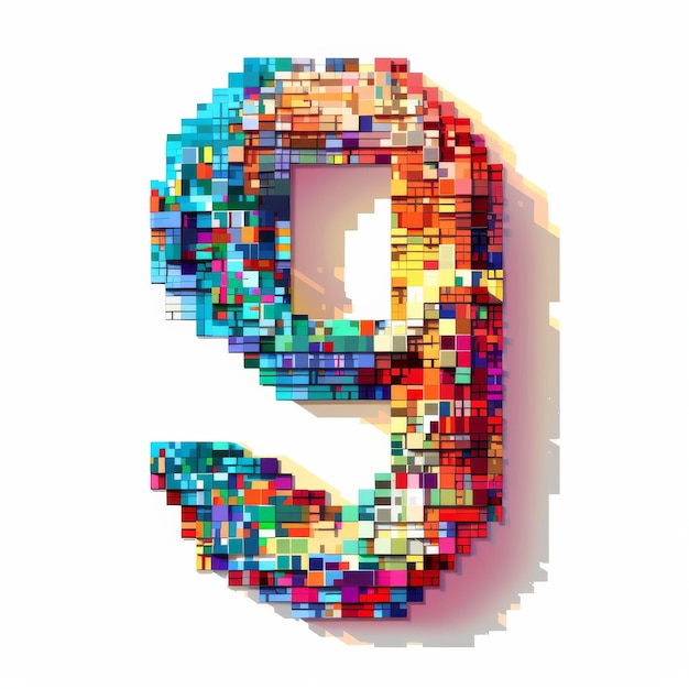 Numero 9 in font pixel digitale con voxelstyle 8bit pixel art isolato uno sfondo bianco
