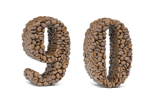 Numero 9 nove e numero 0 zero quattro dal chicco di caffè isolato su bianco Carattere alfabeto caffè