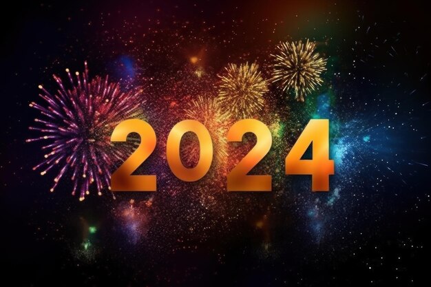 Numero colorato luminoso 2024 buon anno nuovo sullo sfondo dei fuochi d'artificio generativo AI