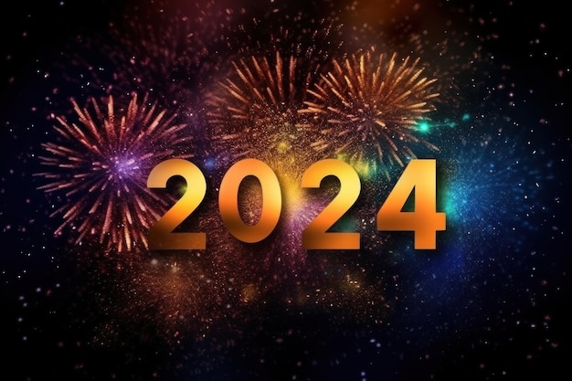 Numero colorato luminoso 2024 buon anno nuovo sullo sfondo dei fuochi d'artificio generativo AI