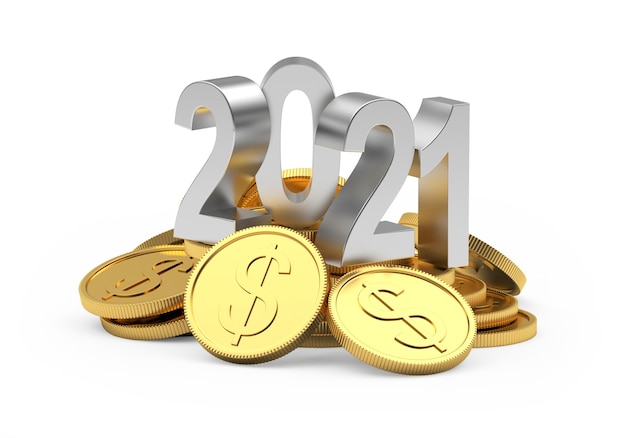 Numero d'argento 2021 su una pila di monete in dollari