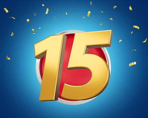 Numero d'oro 15 Numero d'oro quindici sull'icona rossa arrotondata con particelle 3d'illustrazione