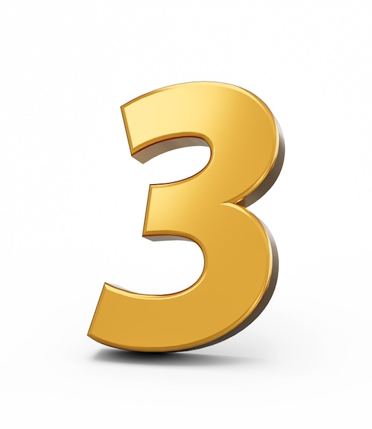 Numero d'oro 3 Tre isolati sfondo bianco lucido 3d numero 3 in oro 3d illustrazione