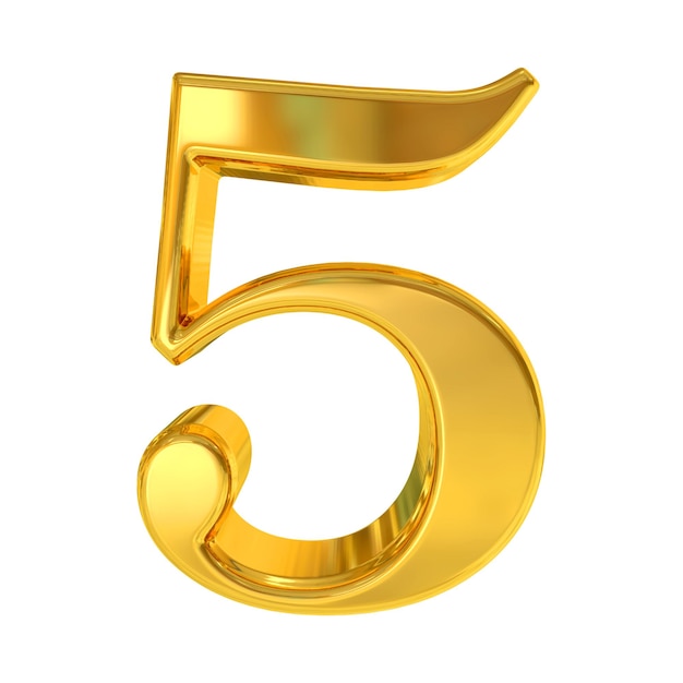 Numero d'oro 3D 5 Isolato su sfondo bianco