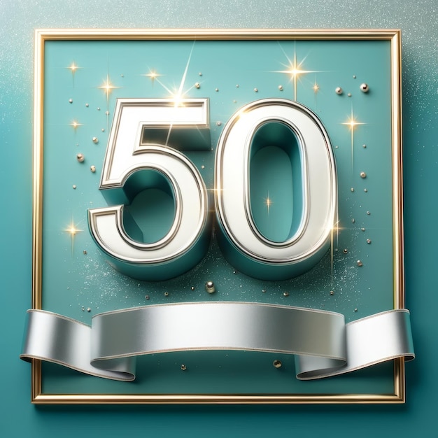 Numero di celebrazione 50 in argento lucido su teal con nastro