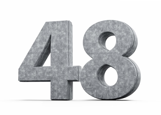 Numero di cemento quarantotto 48 cifre fatte di grigio pietra di cemento sfondo bianco illustrazione 3d