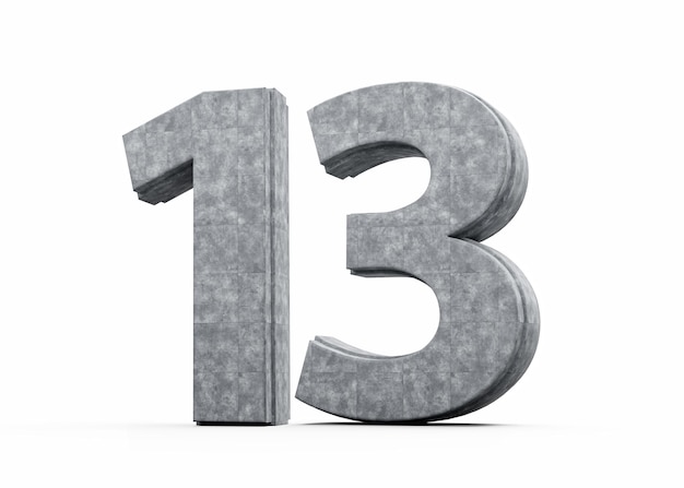 Numero di cemento Tredici 13 cifre fatte di pietra di cemento grigio su sfondo bianco Illustrazione 3d