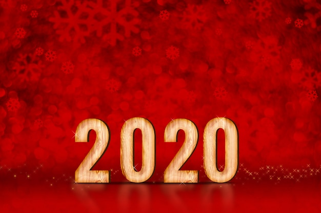 Numero di felice anno nuovo 2020 a fiocchi di neve rossi scintillanti luci bokeh