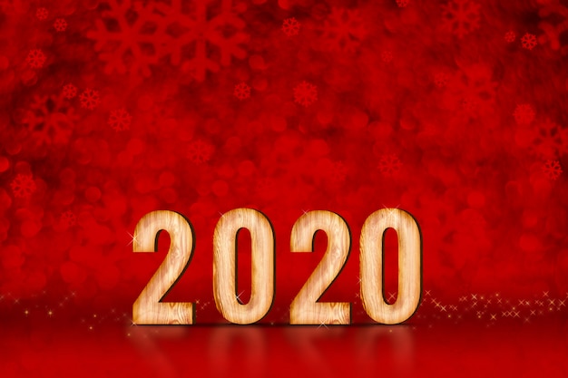 Numero di felice anno nuovo 2020 a fiocchi di neve rossi scintillanti luci bokeh