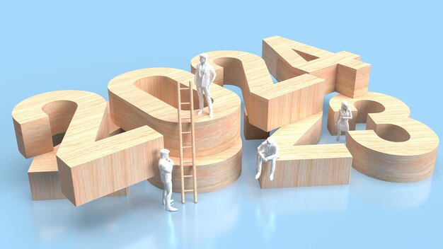 Numero di legno 2023 e 2024 per il rendering 3d del concetto di business