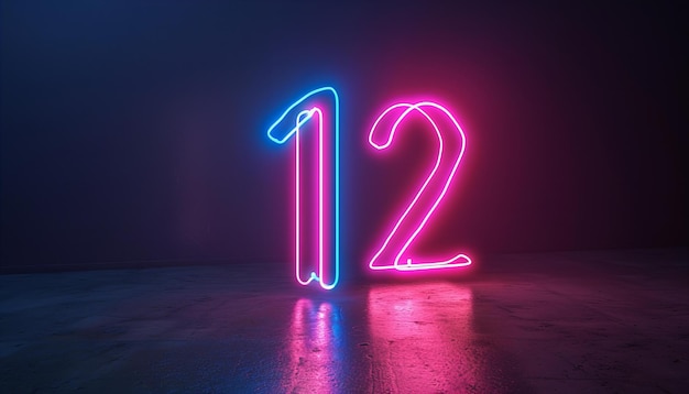 Numero di neon illuminato 12 in tonalità rosa e blu grafica 3D per il concetto di marcatura dell'anniversario dell'evento