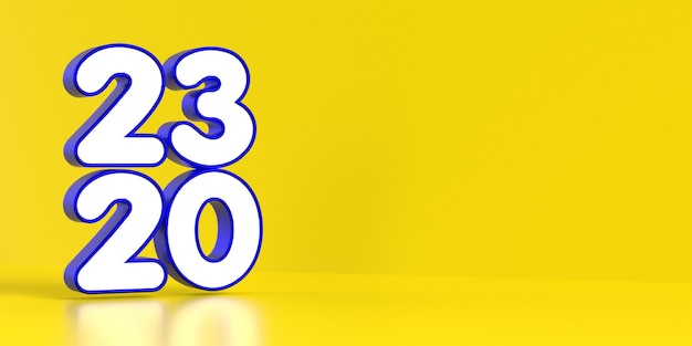 Numero di rendering 3D di 2023 colori del nuovo anno blu e giallo