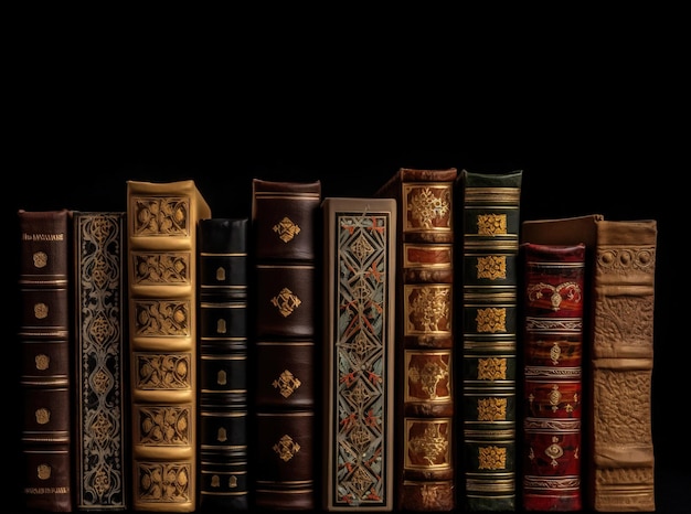 Numero di vecchi libri antichi biblioteca di libri di testo di conoscenza Sfondo nero isolare AI generato