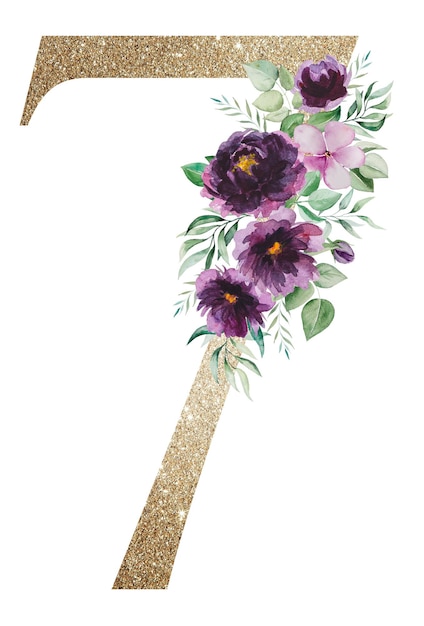 Numero dorato chiaro 7 con rose viola acquerello e mazzi di foglie verdi Alfabeto floreale