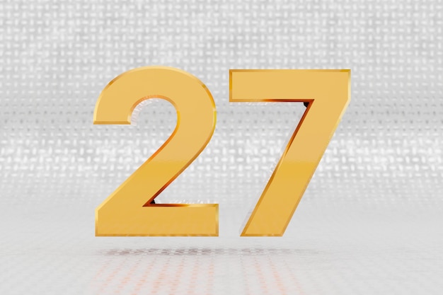 Numero giallo 3d 27. Numero metallico giallo lucido sullo sfondo del pavimento in metallo. Alfabeto in metallo dorato lucido con riflessi di luce da studio. carattere di carattere reso 3D.