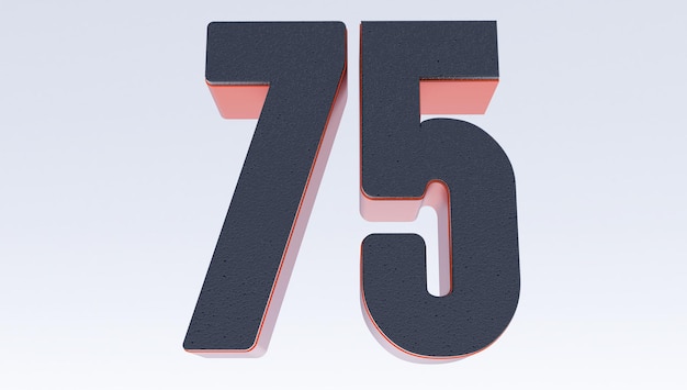 Numero nero 75 isolato su sfondo bianco. rendering 3D. Lettering 3D settantacinque numeri.